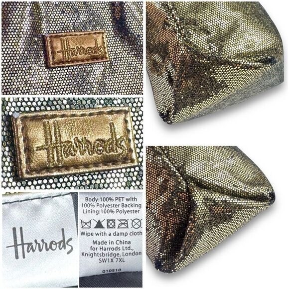 Harrods Vintage Gold Platinum Glitter Tote Shopper Bag Change Pouch Set Sparkle - Picture 12 of 13